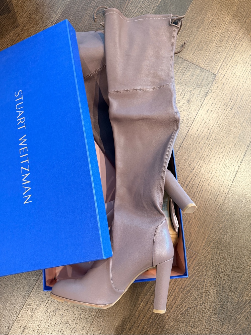 Stuart Weitzman Over-the-Knee Block Heel Boots in Mauve Taupe